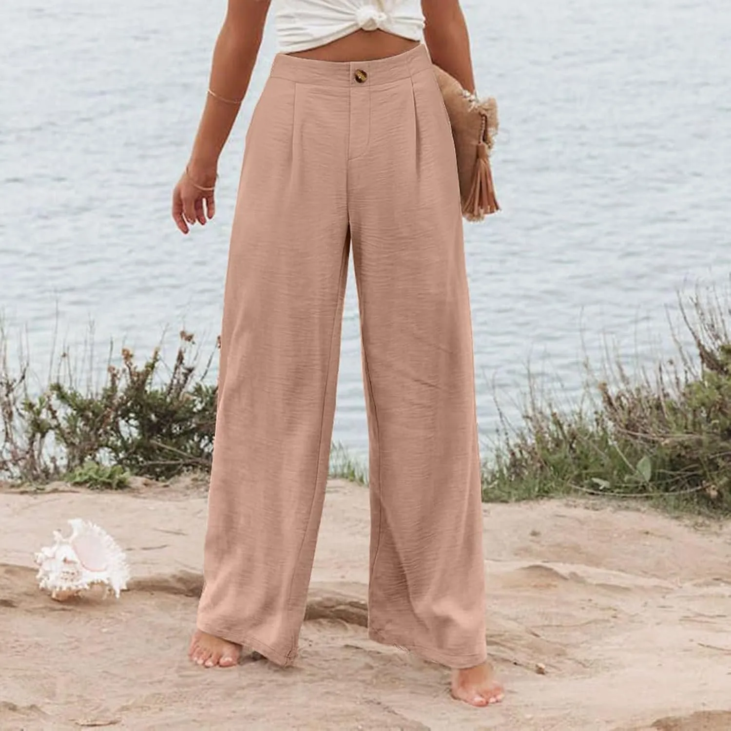 Women's Dress Pants Cotton Linen Wide Leg Pants with Pockets Button Down Office Pleated Business Casual Work Trousers
