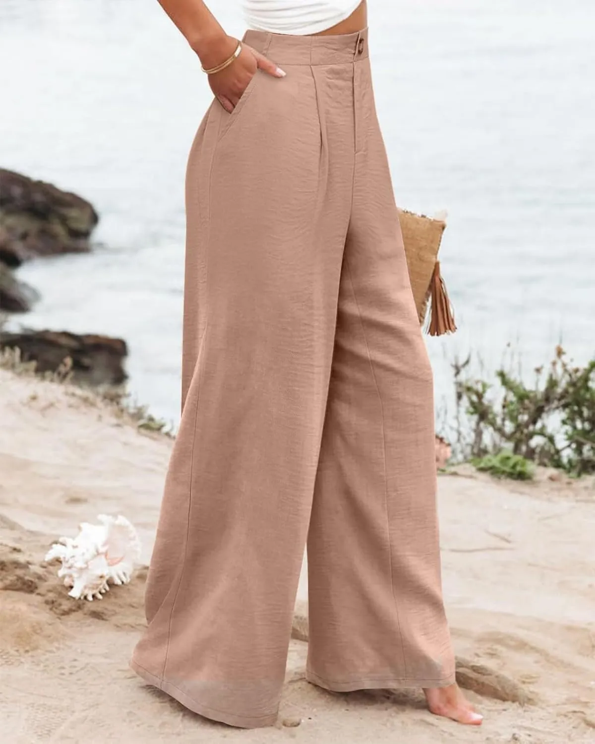 Women's Dress Pants Cotton Linen Wide Leg Pants with Pockets Button Down Office Pleated Business Casual Work Trousers