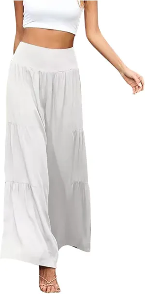 Women's Elastic High Waist Linen Pants Summer Wide Leg Palazzo Pants Boho Loose Fit Casual Flowy Lounge Trousers