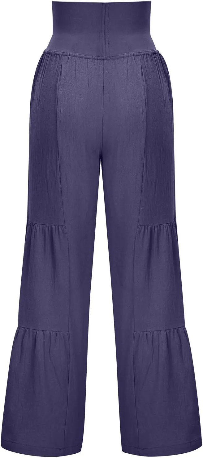 Women's Elastic High Waist Linen Pants Summer Wide Leg Palazzo Pants Boho Loose Fit Casual Flowy Lounge Trousers