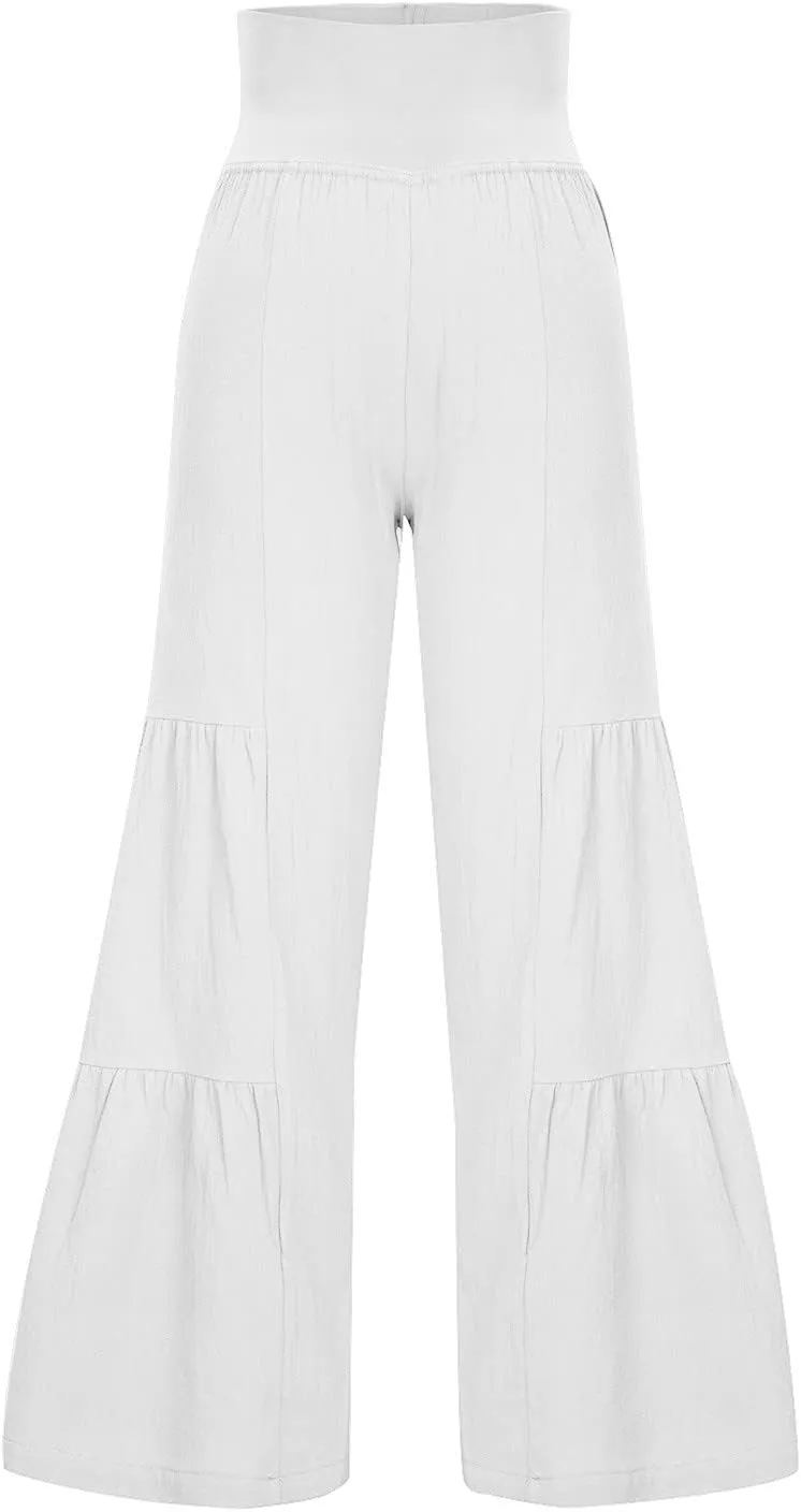 Women's Elastic High Waist Linen Pants Summer Wide Leg Palazzo Pants Boho Loose Fit Casual Flowy Lounge Trousers
