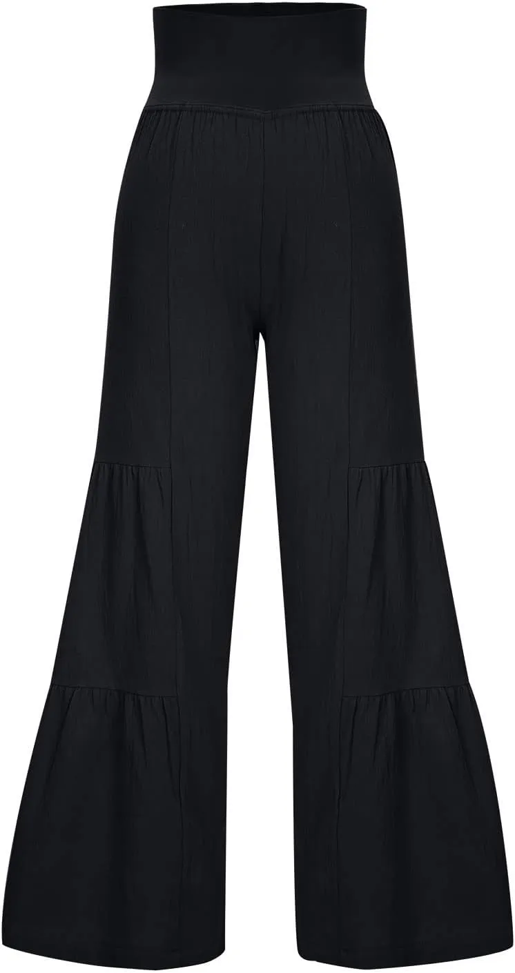 Women's Elastic High Waist Linen Pants Summer Wide Leg Palazzo Pants Boho Loose Fit Casual Flowy Lounge Trousers