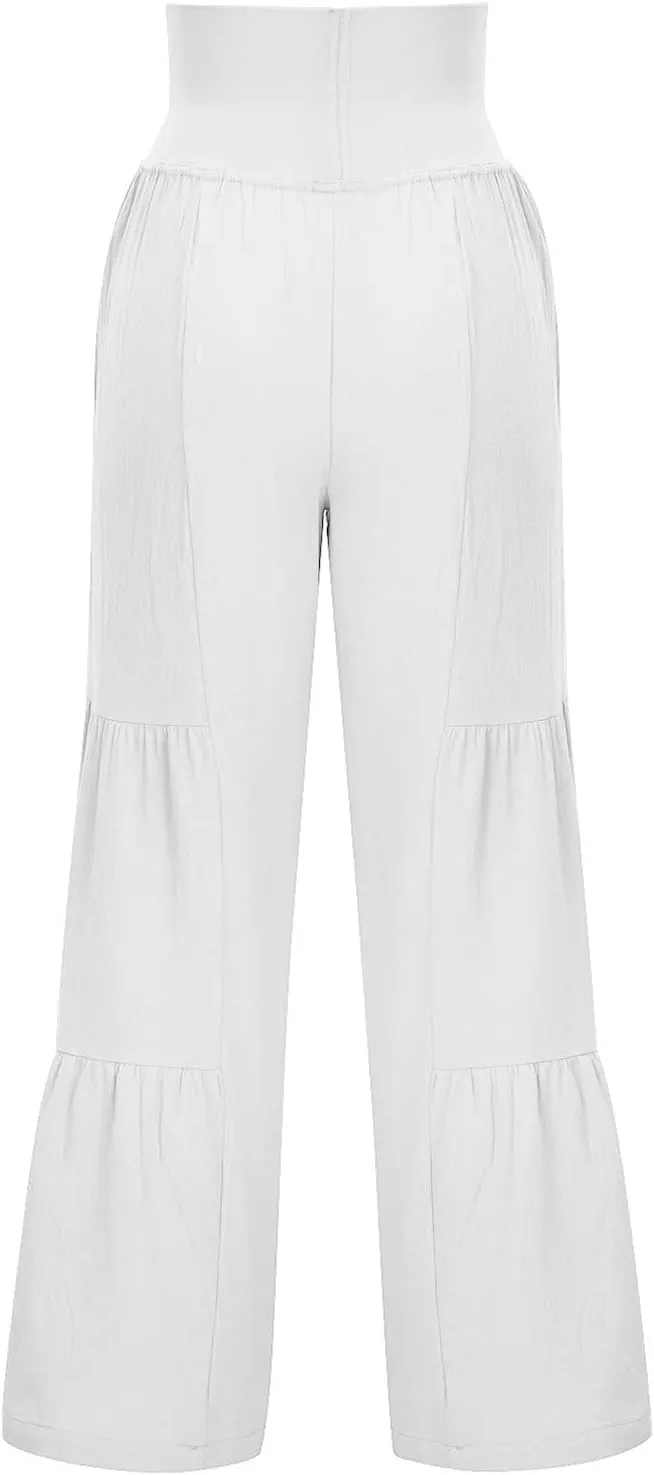Women's Elastic High Waist Linen Pants Summer Wide Leg Palazzo Pants Boho Loose Fit Casual Flowy Lounge Trousers