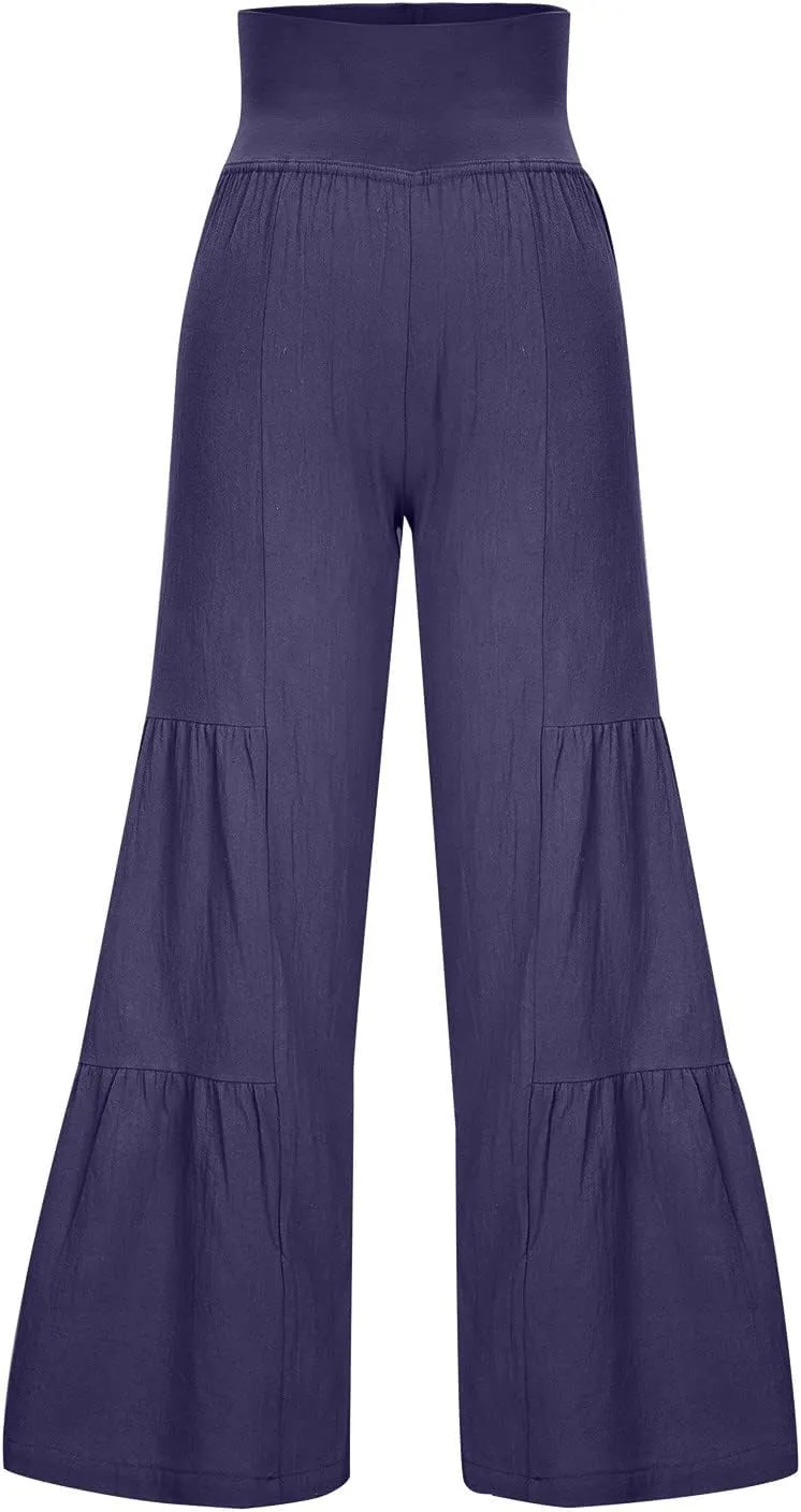 Women's Elastic High Waist Linen Pants Summer Wide Leg Palazzo Pants Boho Loose Fit Casual Flowy Lounge Trousers