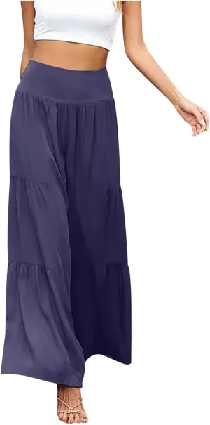 Women's Elastic High Waist Linen Pants Summer Wide Leg Palazzo Pants Boho Loose Fit Casual Flowy Lounge Trousers