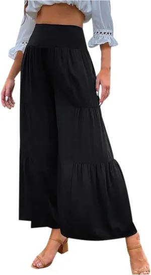 Women's Elastic High Waist Linen Pants Summer Wide Leg Palazzo Pants Boho Loose Fit Casual Flowy Lounge Trousers