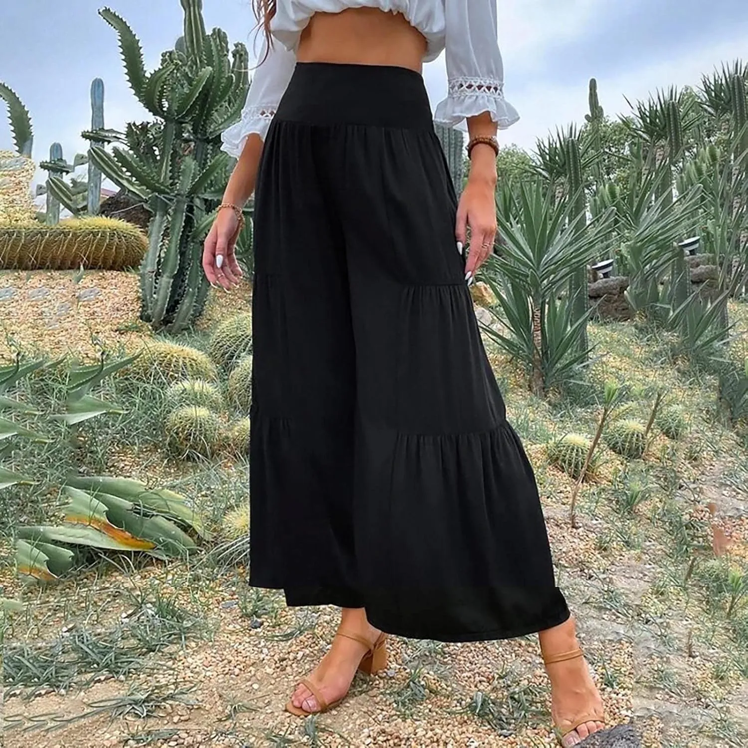 Women's Elastic High Waist Linen Pants Summer Wide Leg Palazzo Pants Boho Loose Fit Casual Flowy Lounge Trousers