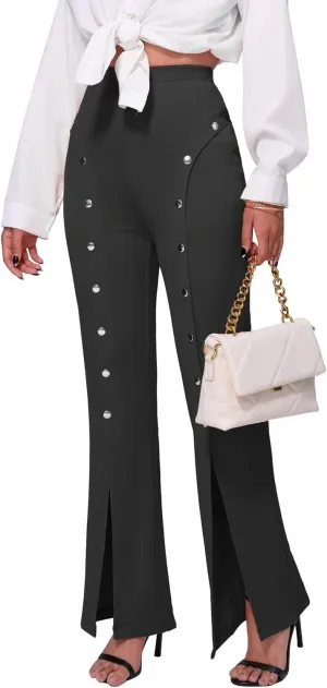 Womens High Elastic Waist Palazzo Pants Wide Leg Stretchy Flexipants Button Down Bell Bottom Flare Leggings Comfy Business Casual Slacks Trousers Black