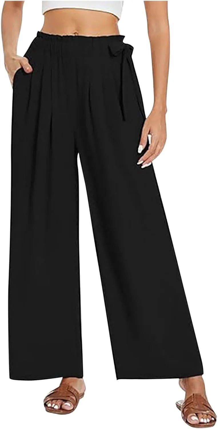 Women's High Waist Elastic Pants Summer Loose Wide Leg Trousers Flowy Beach Side Tie Knot Lounge Pants with Pockets