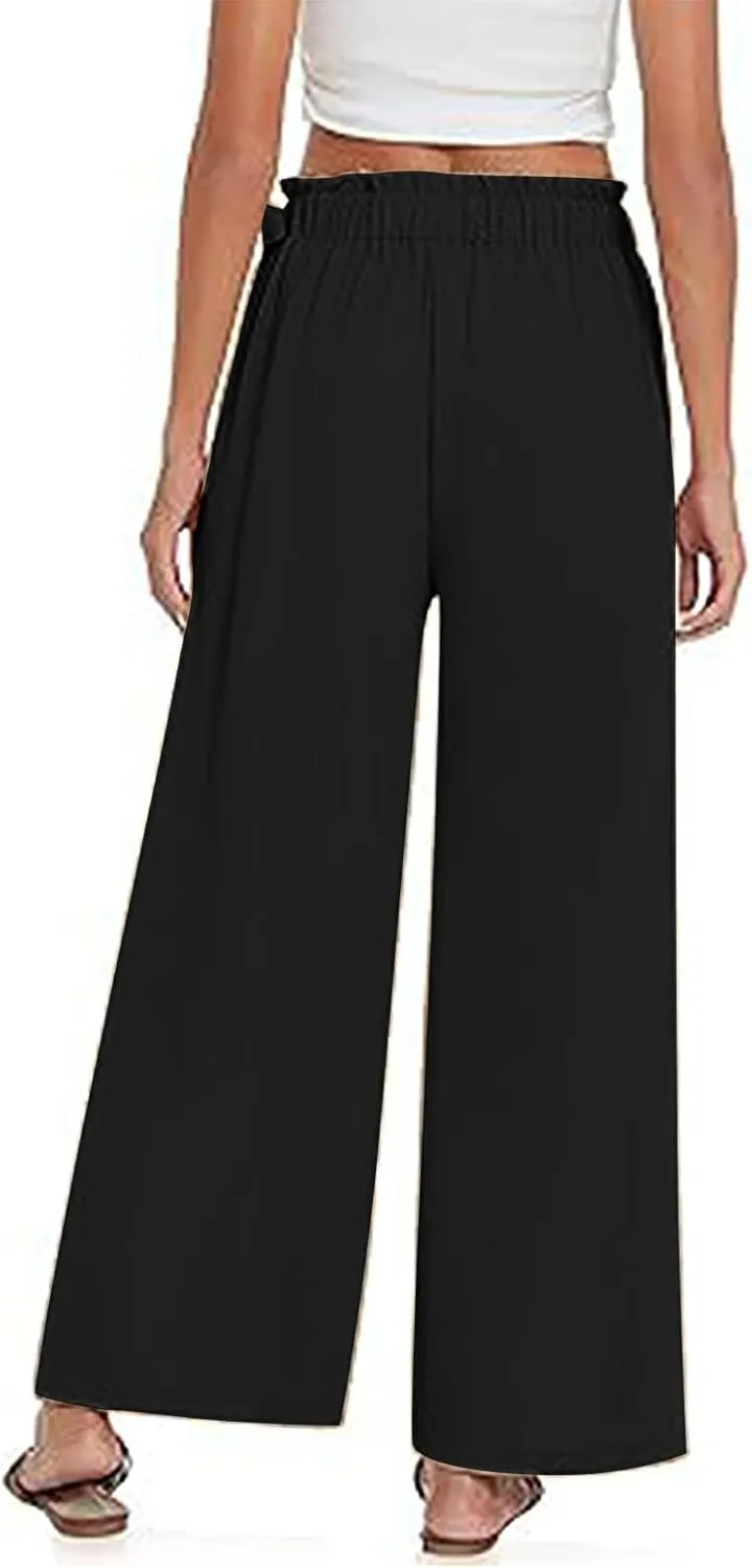 Women's High Waist Elastic Pants Summer Loose Wide Leg Trousers Flowy Beach Side Tie Knot Lounge Pants with Pockets