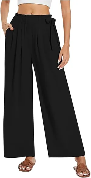 Women's High Waist Elastic Pants Summer Loose Wide Leg Trousers Flowy Beach Side Tie Knot Lounge Pants with Pockets
