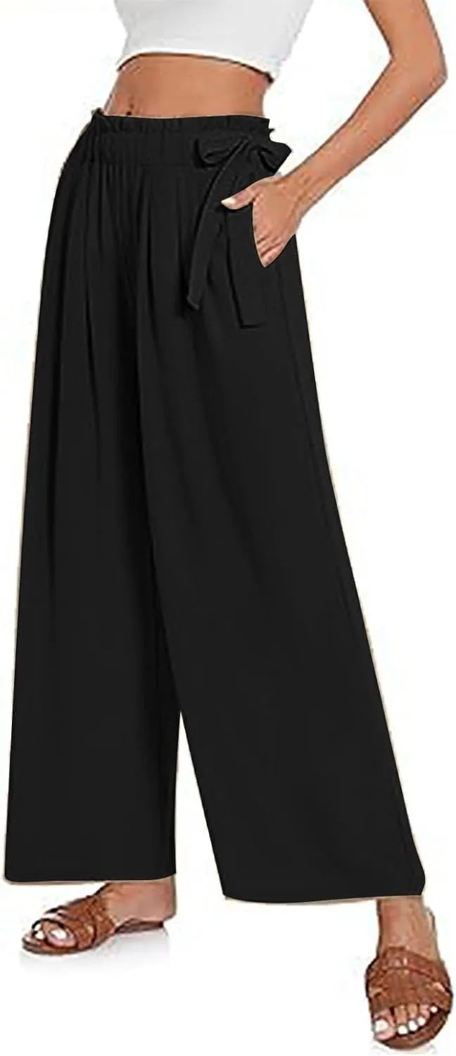 Women's High Waist Elastic Pants Summer Loose Wide Leg Trousers Flowy Beach Side Tie Knot Lounge Pants with Pockets