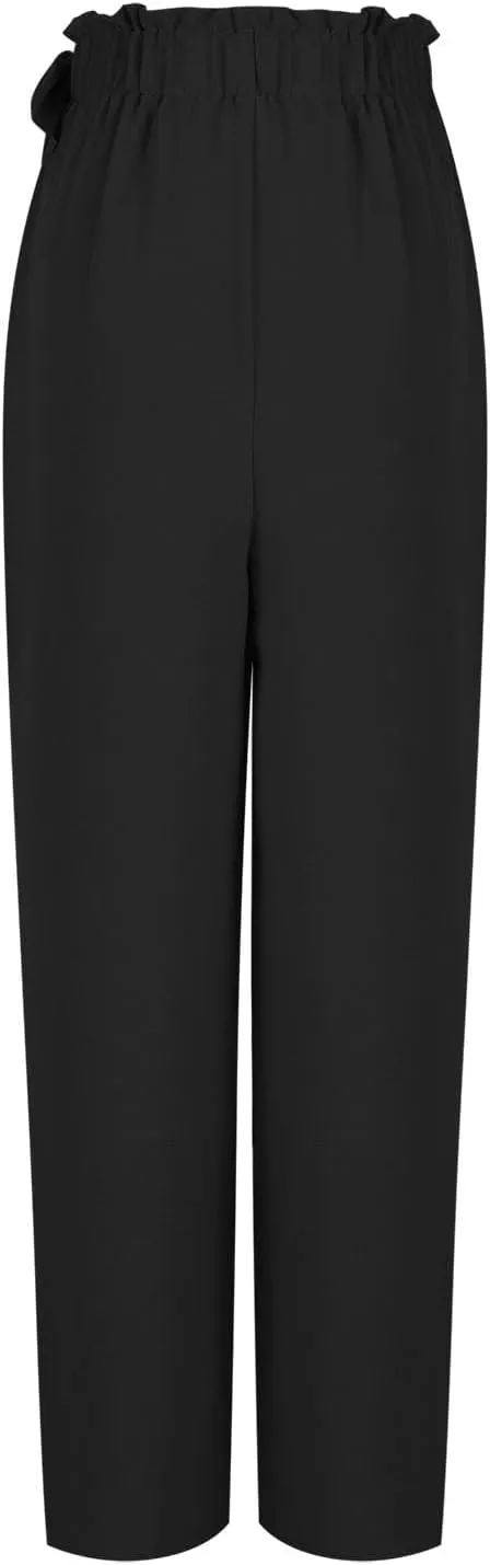 Women's High Waist Elastic Pants Summer Loose Wide Leg Trousers Flowy Beach Side Tie Knot Lounge Pants with Pockets