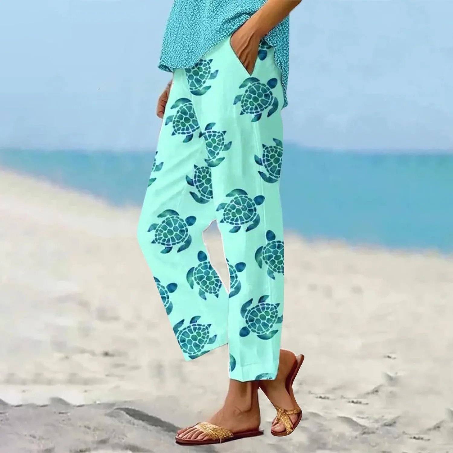 Womens High Waist Linen Pants Drawstring Loose Fit Summer Cute Graphic Casual Pants Trousers with Side Pockets