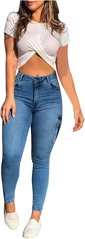 Womens High Waist Skinny Jeans Casual Double Breasted Multi Button Slim Fit Elastic Trousers Double Plus Size Pants