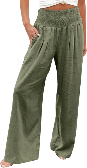 Women's Linen Blend Summer Boho Pants Elastic Waist Lounge Pants Loose Fit Pant Trousers Vacation