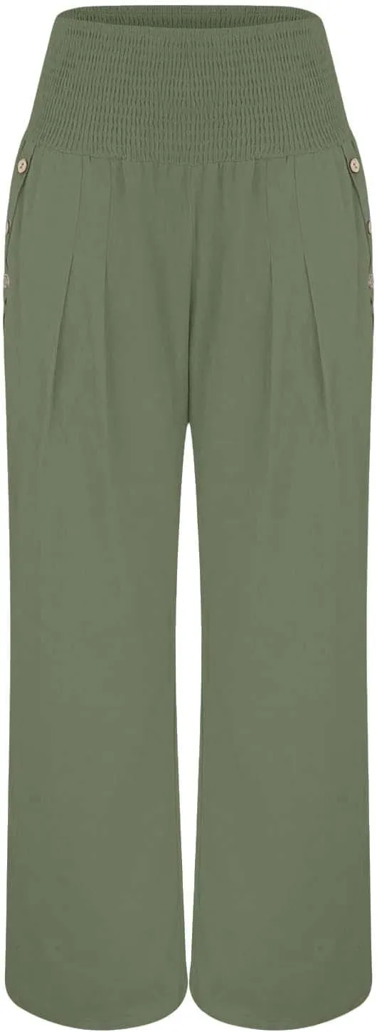 Women's Linen Blend Summer Boho Pants Elastic Waist Lounge Pants Loose Fit Pant Trousers Vacation