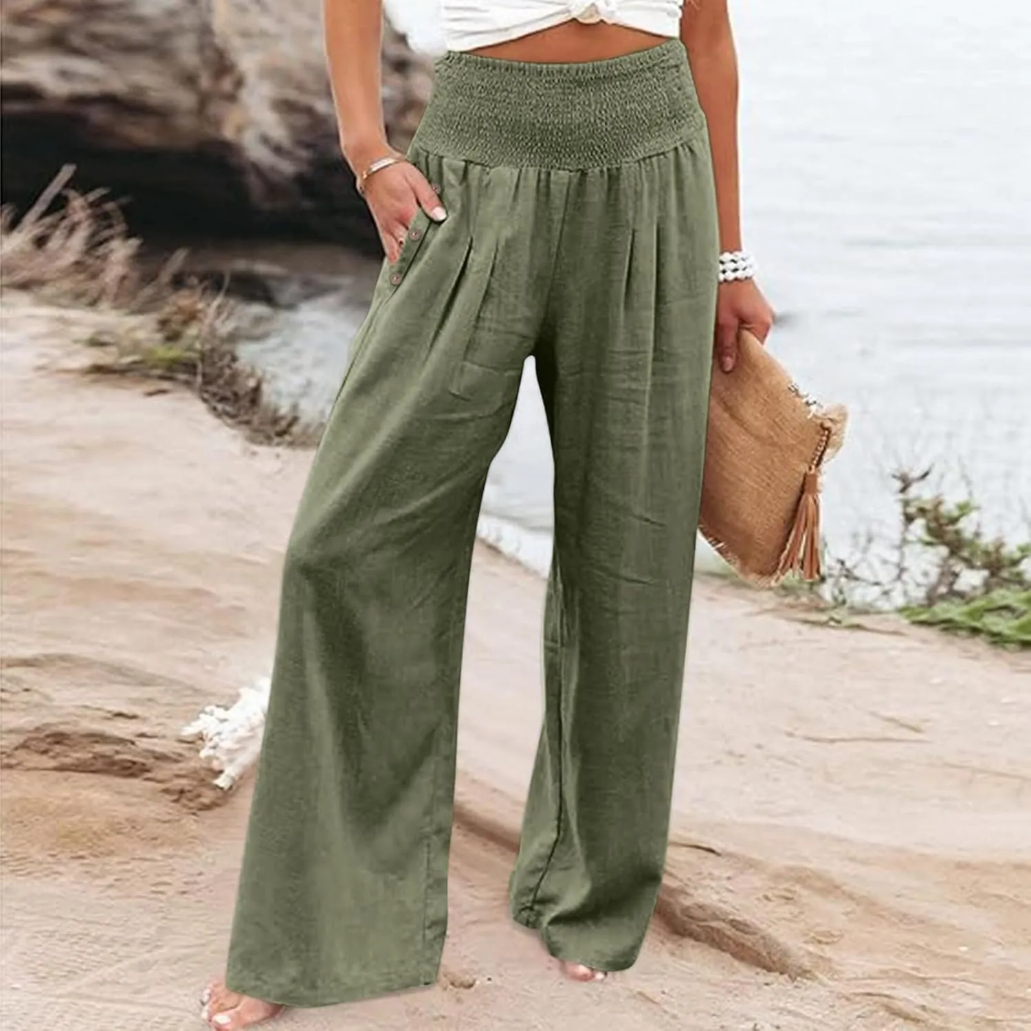 Women's Linen Blend Summer Boho Pants Elastic Waist Lounge Pants Loose Fit Pant Trousers Vacation