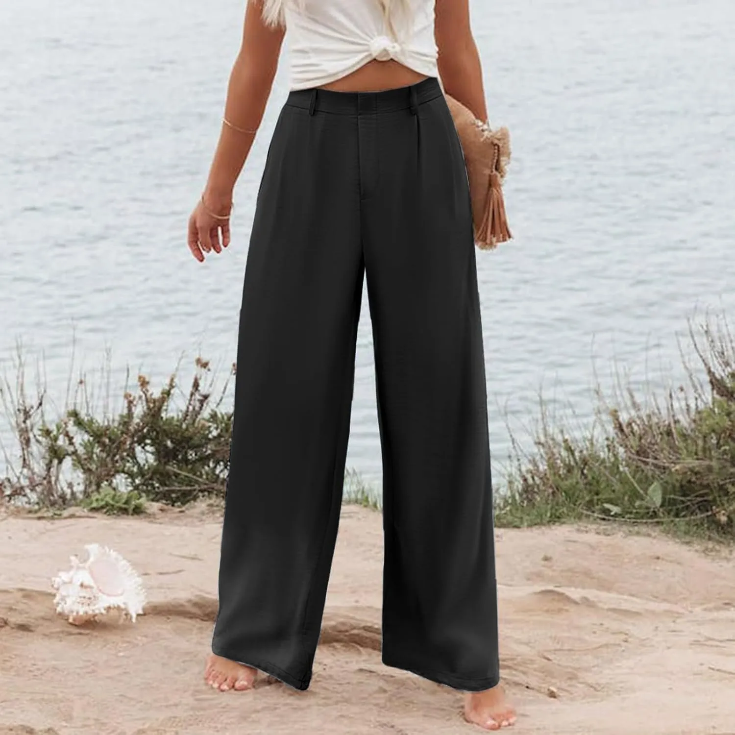 Womens Linen Blend Summer Casual Loose Palazzo Lounge Pants High Waist Stretchy Slim Fit Pants Travel