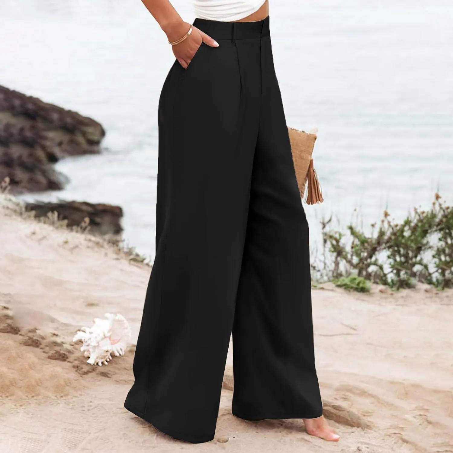 Womens Linen Blend Summer Casual Loose Palazzo Lounge Pants High Waist Stretchy Slim Fit Pants Travel