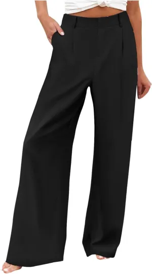 Womens Linen Blend Summer Casual Loose Palazzo Lounge Pants High Waist Stretchy Slim Fit Pants Travel
