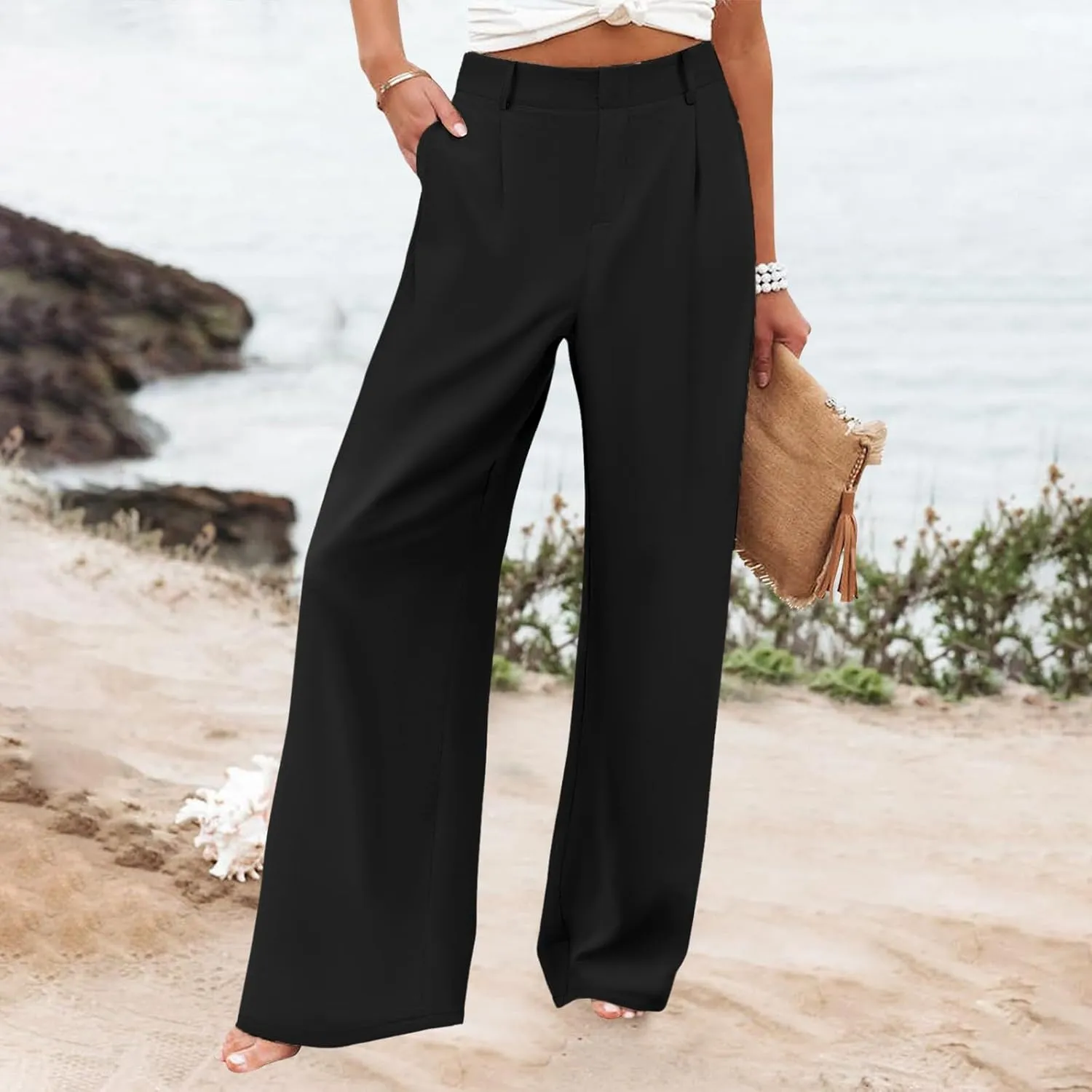 Womens Linen Blend Summer Casual Loose Palazzo Lounge Pants High Waist Stretchy Slim Fit Pants Travel