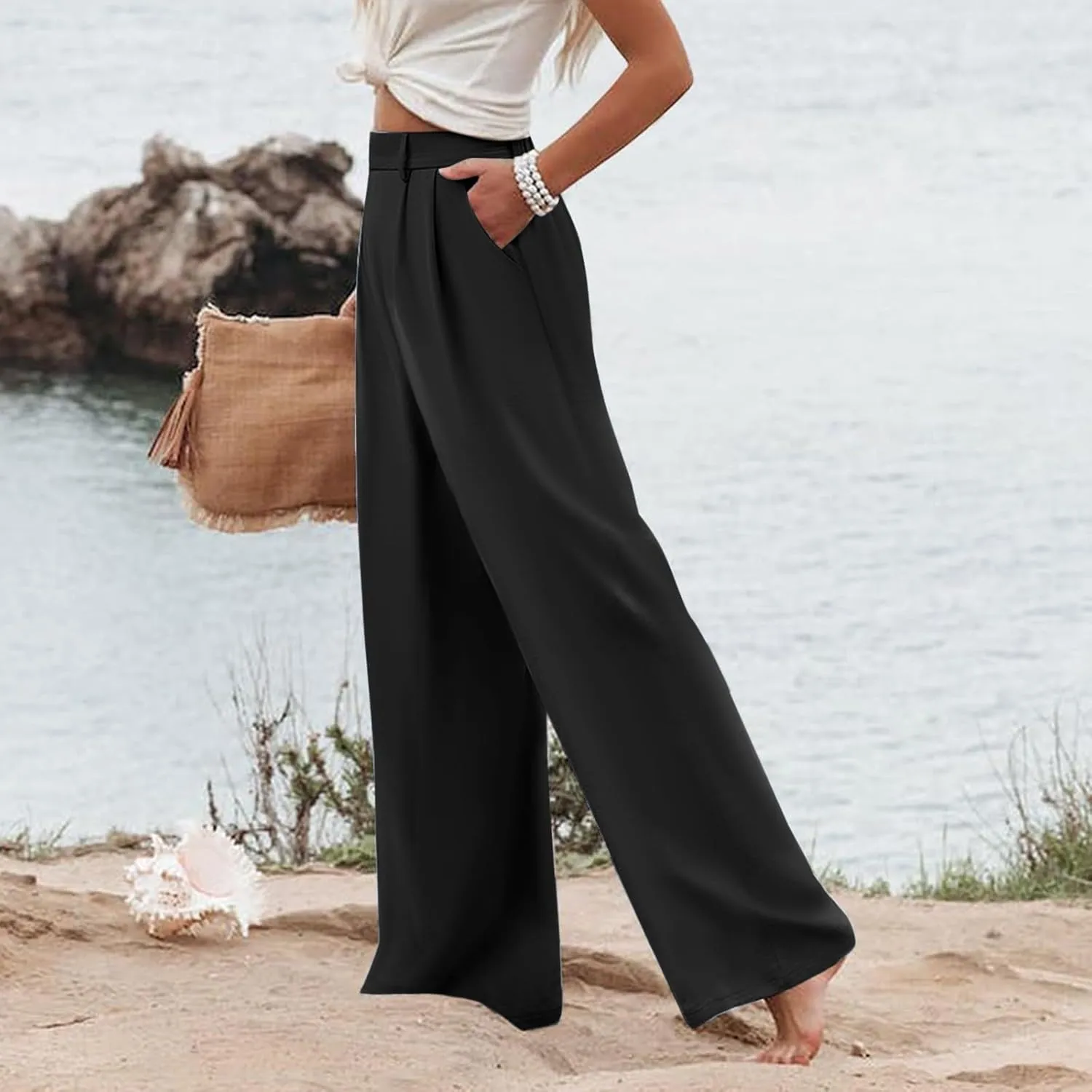 Womens Linen Blend Summer Casual Loose Palazzo Lounge Pants High Waist Stretchy Slim Fit Pants Travel