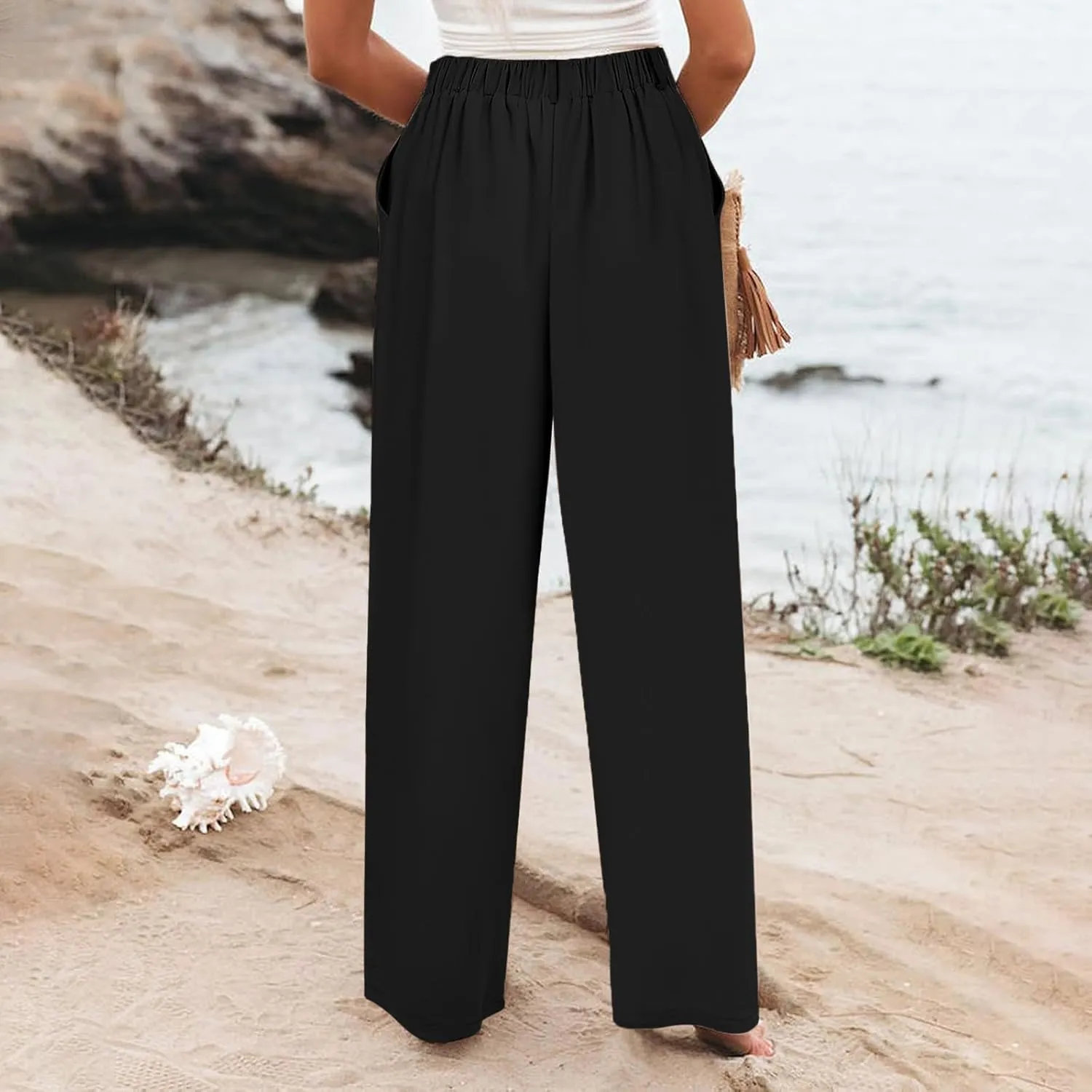 Womens Linen Blend Summer Casual Loose Palazzo Lounge Pants High Waist Stretchy Slim Fit Pants Travel