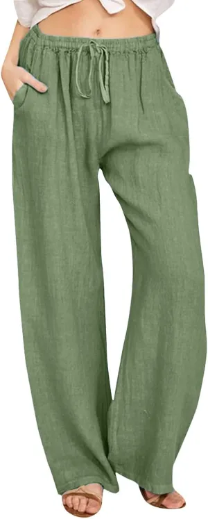Women's Linen Blend Summer Letter Patched Pants Low Waist Straight Plus Size Trouser Travel