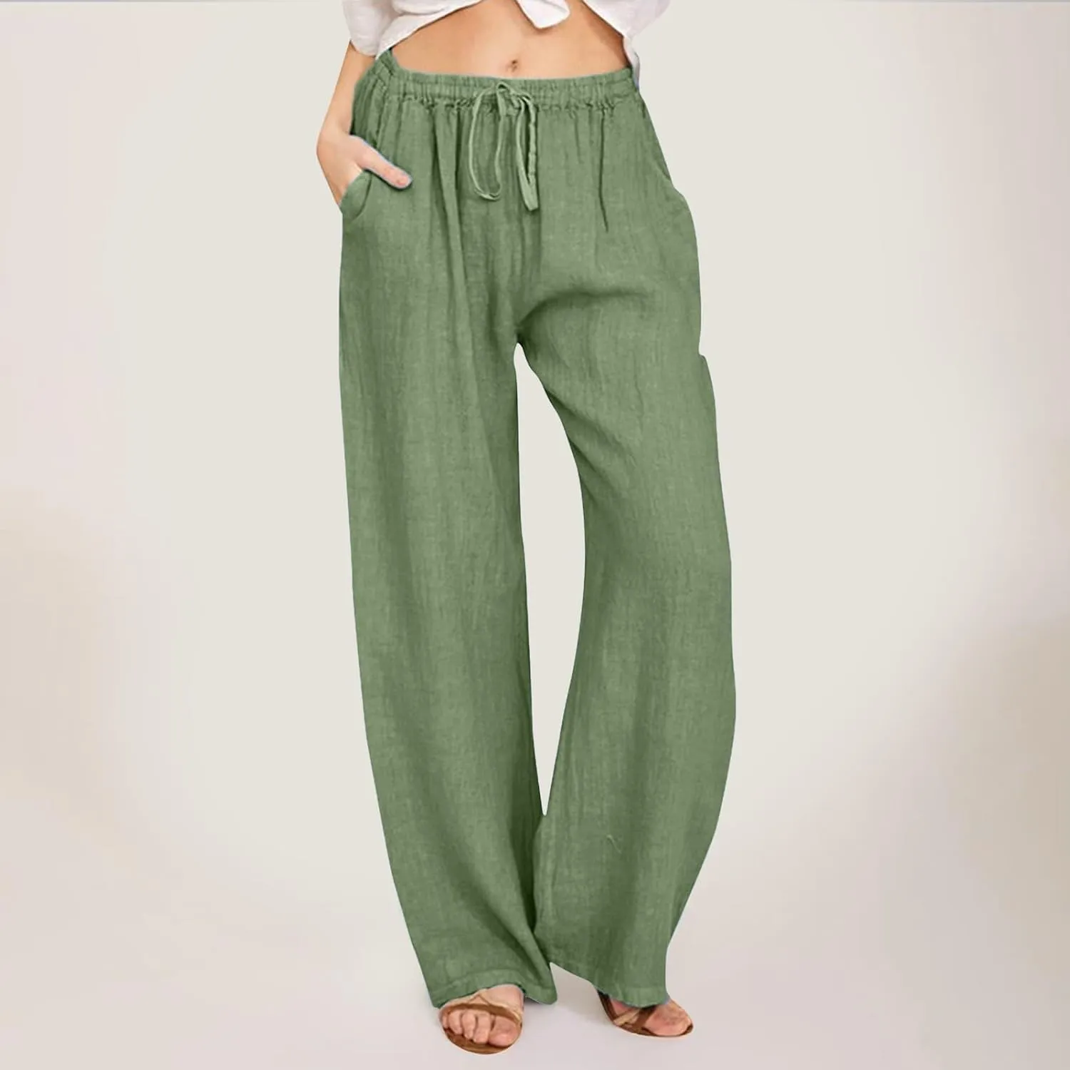 Women's Linen Blend Summer Letter Patched Pants Low Waist Straight Plus Size Trouser Travel
