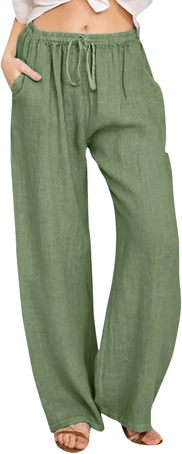 Women's Linen Blend Summer Letter Patched Pants Low Waist Straight Plus Size Trouser Travel