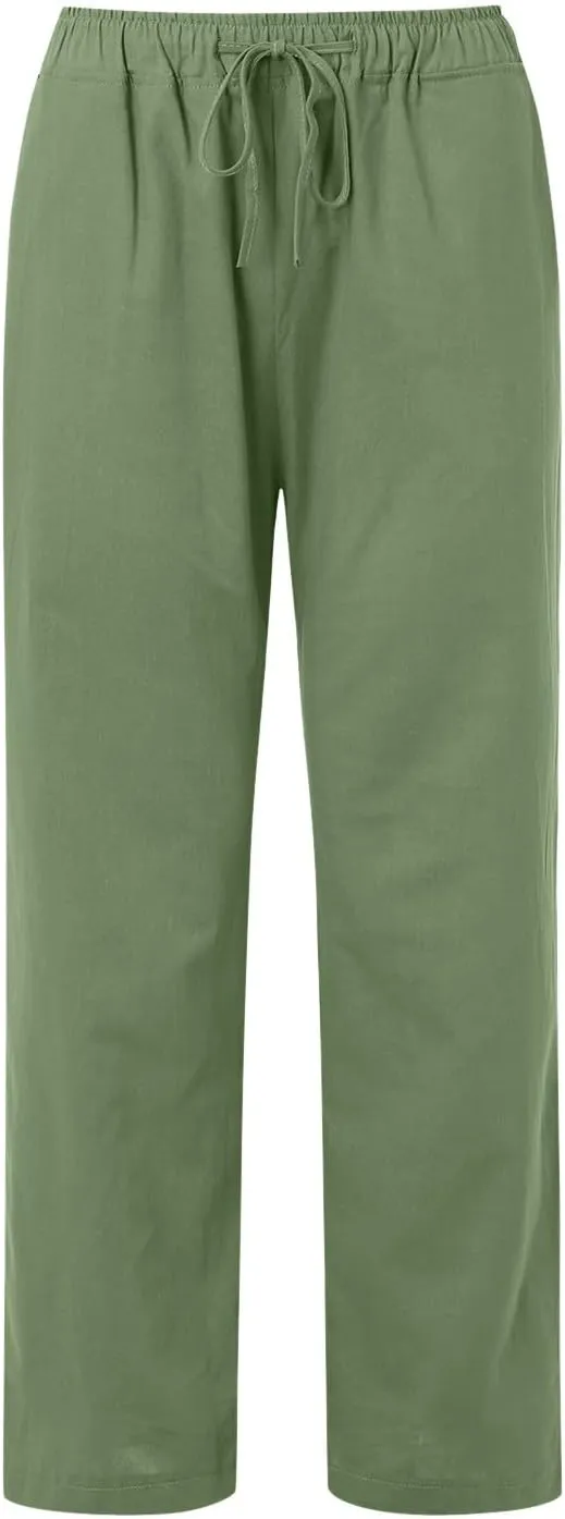 Women's Linen Blend Summer Letter Patched Pants Low Waist Straight Plus Size Trouser Travel