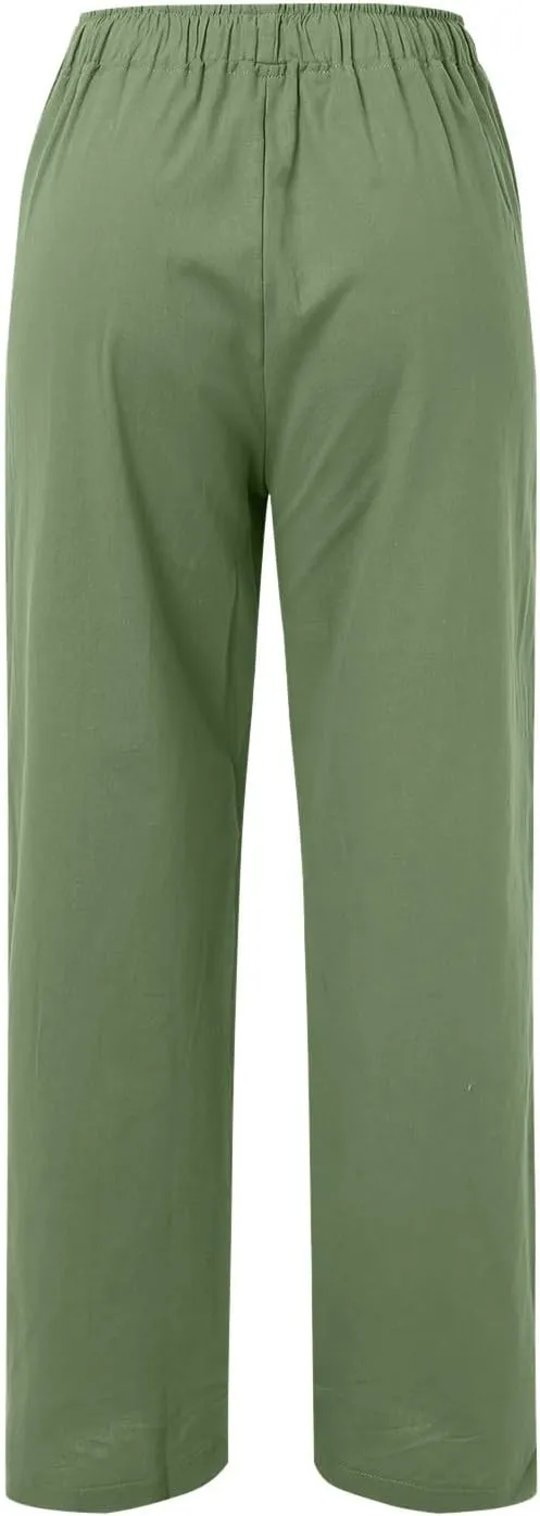 Women's Linen Blend Summer Letter Patched Pants Low Waist Straight Plus Size Trouser Travel