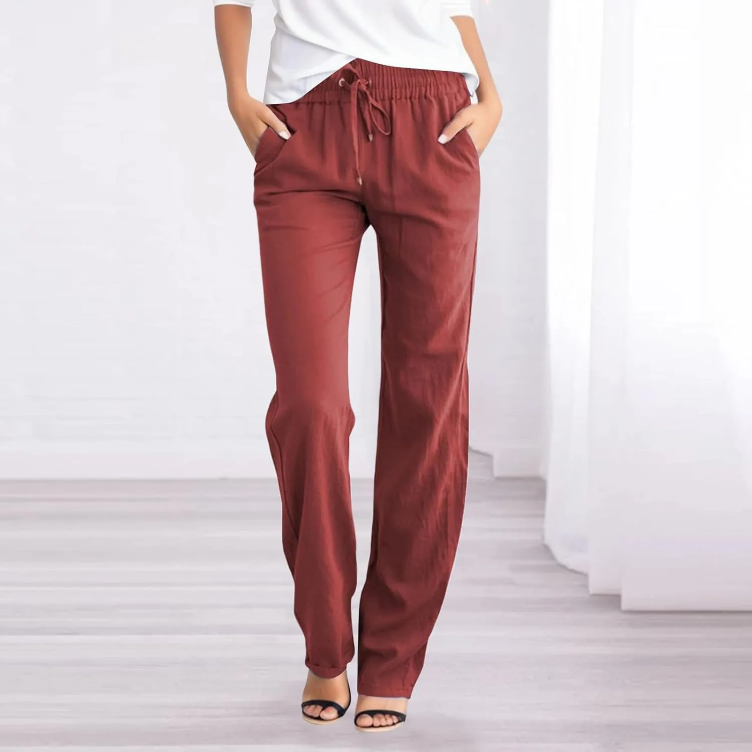 Women's Linen Blend Summer Printed Pant Trousers Elastic Waist Wide Leg Slim-Fit Pants Work Business