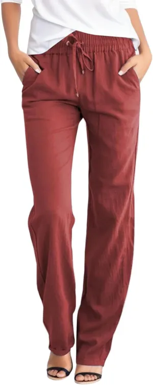 Women's Linen Blend Summer Printed Pant Trousers Elastic Waist Wide Leg Slim-Fit Pants Work Business