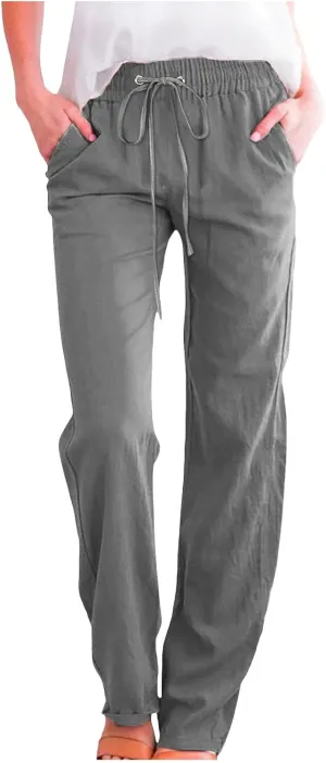 Womens Linen Blend Summer Split Flowy Pants Elastic Waist Long Lounge Slim Fit Pant Trousers Work Business