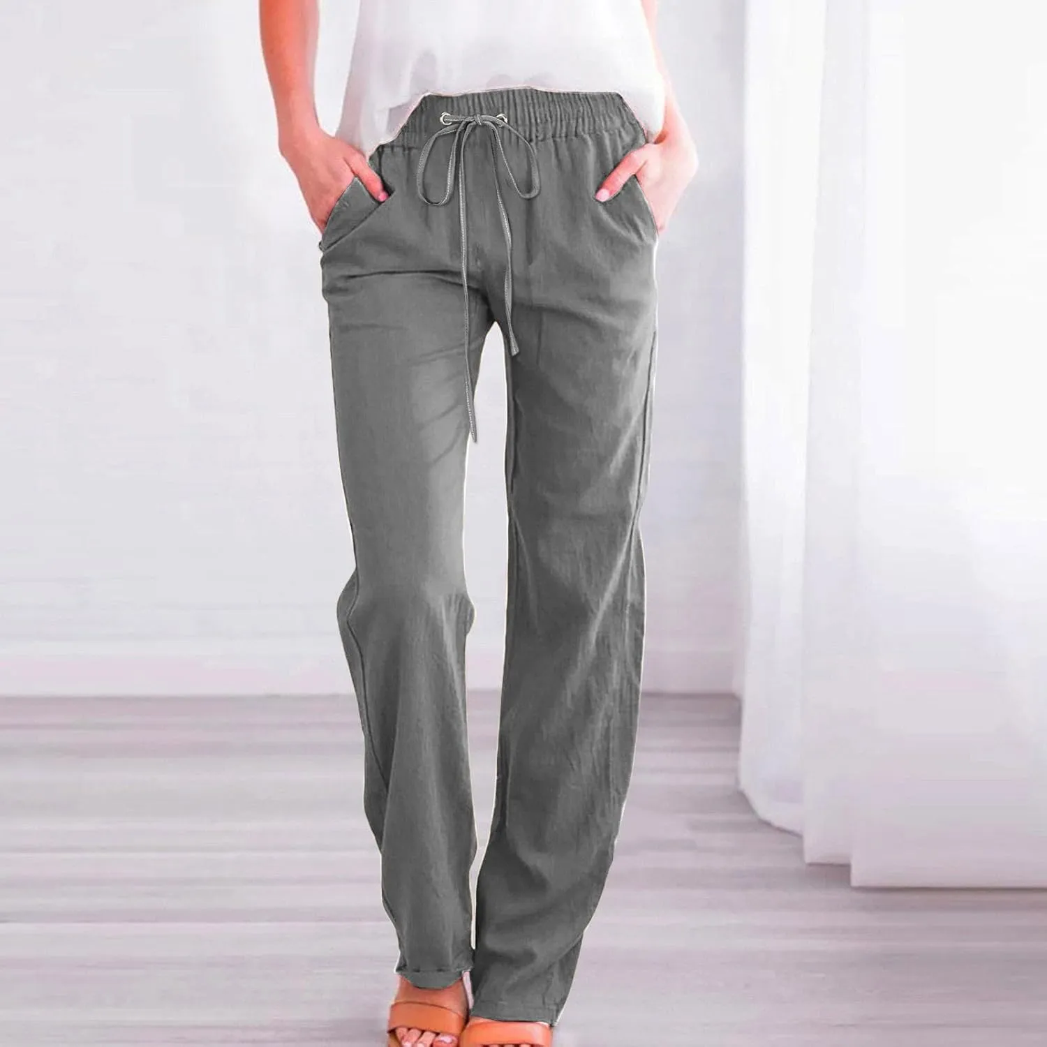 Womens Linen Blend Summer Split Flowy Pants Elastic Waist Long Lounge Slim Fit Pant Trousers Work Business