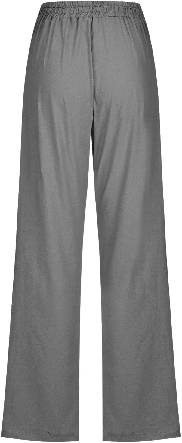 Womens Linen Blend Summer Split Flowy Pants Elastic Waist Long Lounge Slim Fit Pant Trousers Work Business