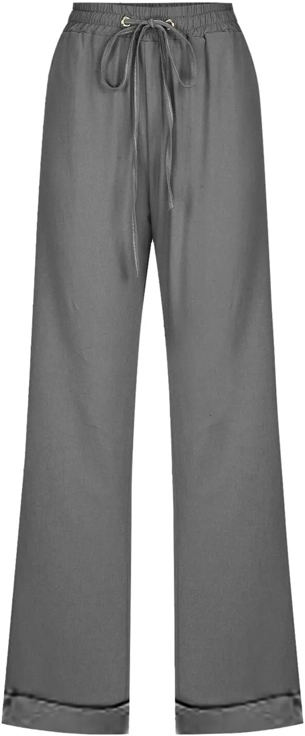 Womens Linen Blend Summer Split Flowy Pants Elastic Waist Long Lounge Slim Fit Pant Trousers Work Business