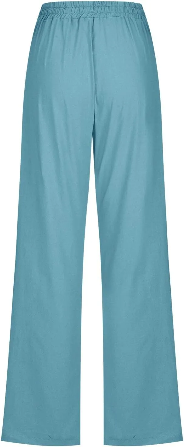 Womens Linen Blend Summer Striped Palazzo Lounge Pants Elastic Waist Ankle Length Slim-Fit Pants Travel