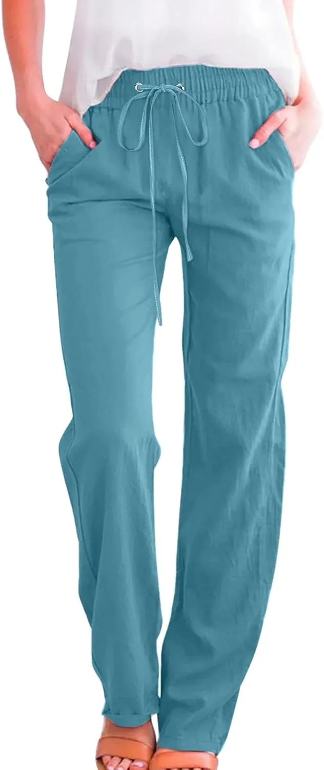 Womens Linen Blend Summer Striped Palazzo Lounge Pants Elastic Waist Ankle Length Slim-Fit Pants Travel