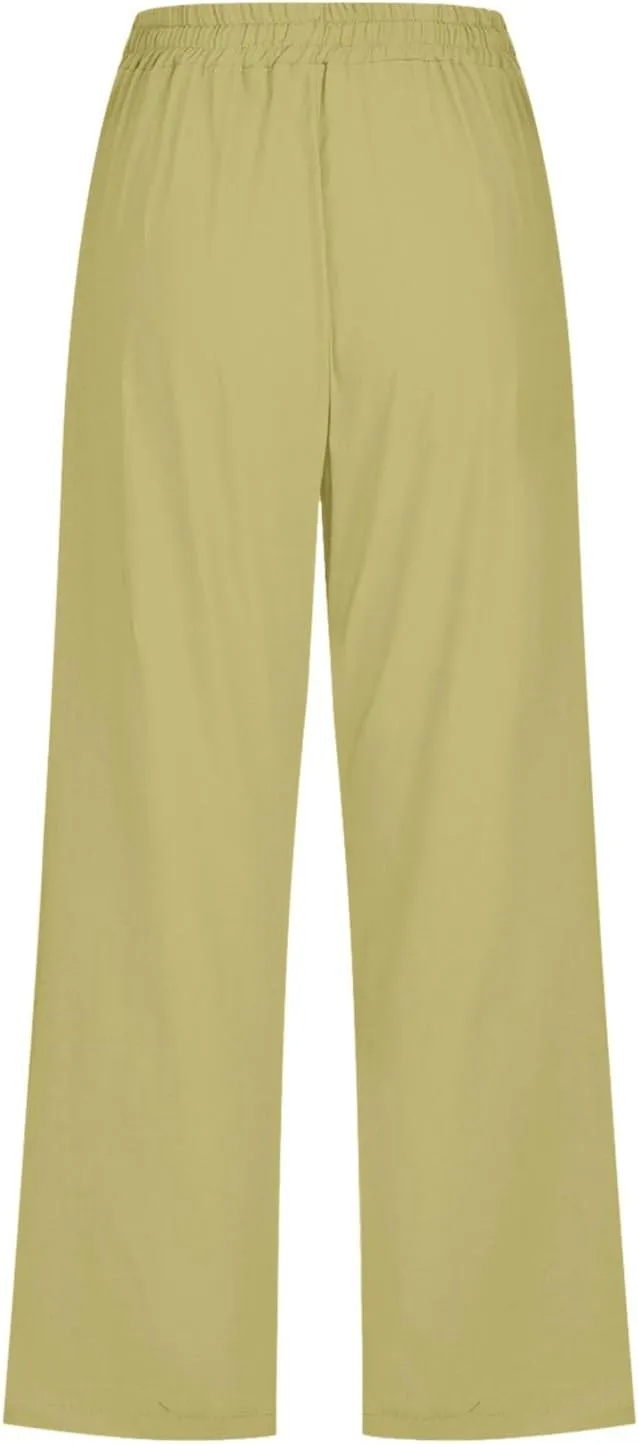 Women's Linen Blend Summer Tie Knot Pant Trousers High Waist Baggy Stretchy Loose Fit Trouser Work Business
