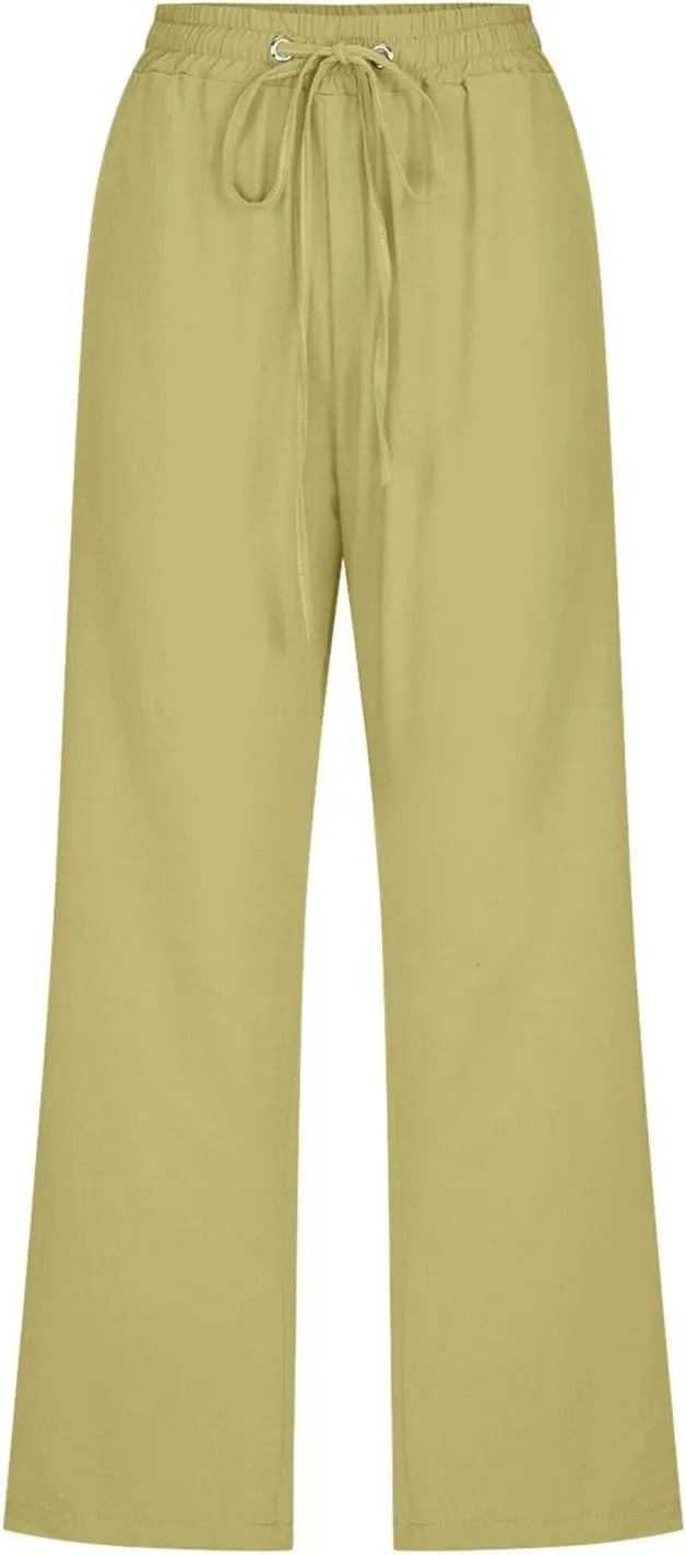 Women's Linen Blend Summer Tie Knot Pant Trousers High Waist Baggy Stretchy Loose Fit Trouser Work Business