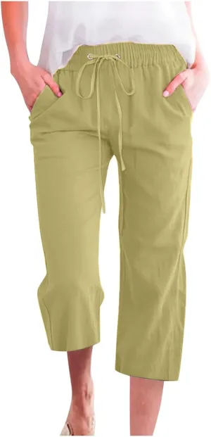 Women's Linen Blend Summer Tie Knot Pant Trousers High Waist Baggy Stretchy Loose Fit Trouser Work Business