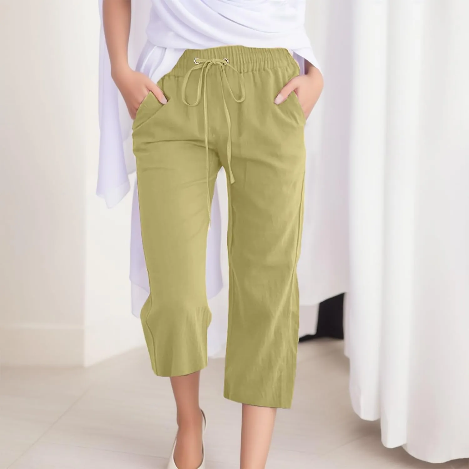 Women's Linen Blend Summer Tie Knot Pant Trousers High Waist Baggy Stretchy Loose Fit Trouser Work Business