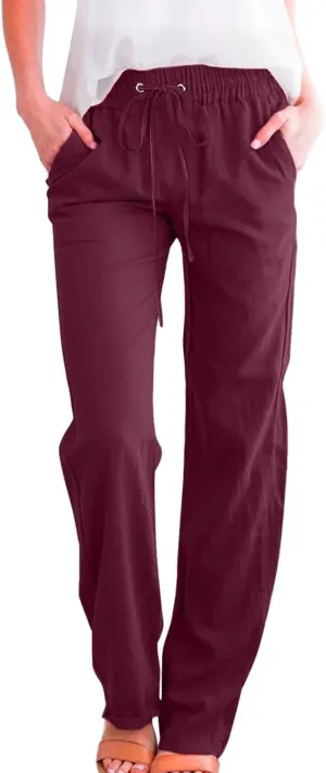 Womens Linen Blend Summer Trendy Palazzo Pants Low Waist Lounge Pants Slim-Fit Trousers Travel