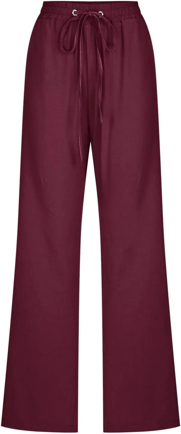 Womens Linen Blend Summer Trendy Palazzo Pants Low Waist Lounge Pants Slim-Fit Trousers Travel
