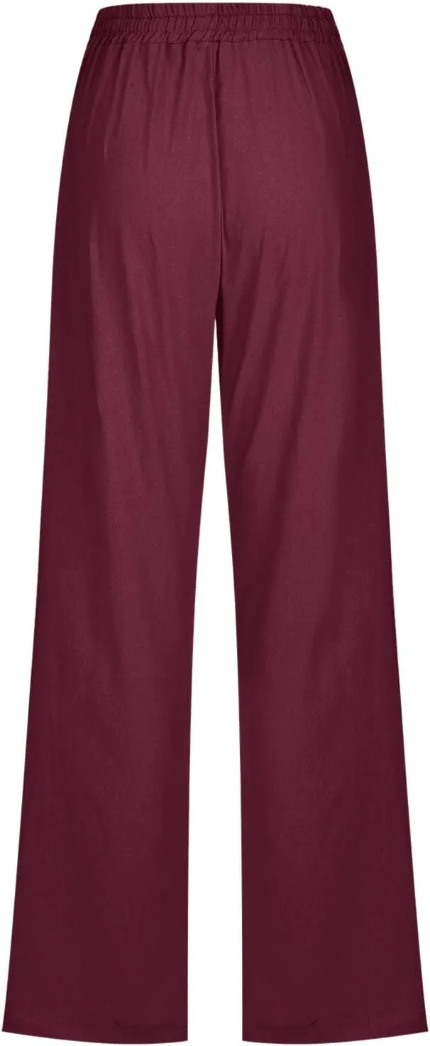 Womens Linen Blend Summer Trendy Palazzo Pants Low Waist Lounge Pants Slim-Fit Trousers Travel