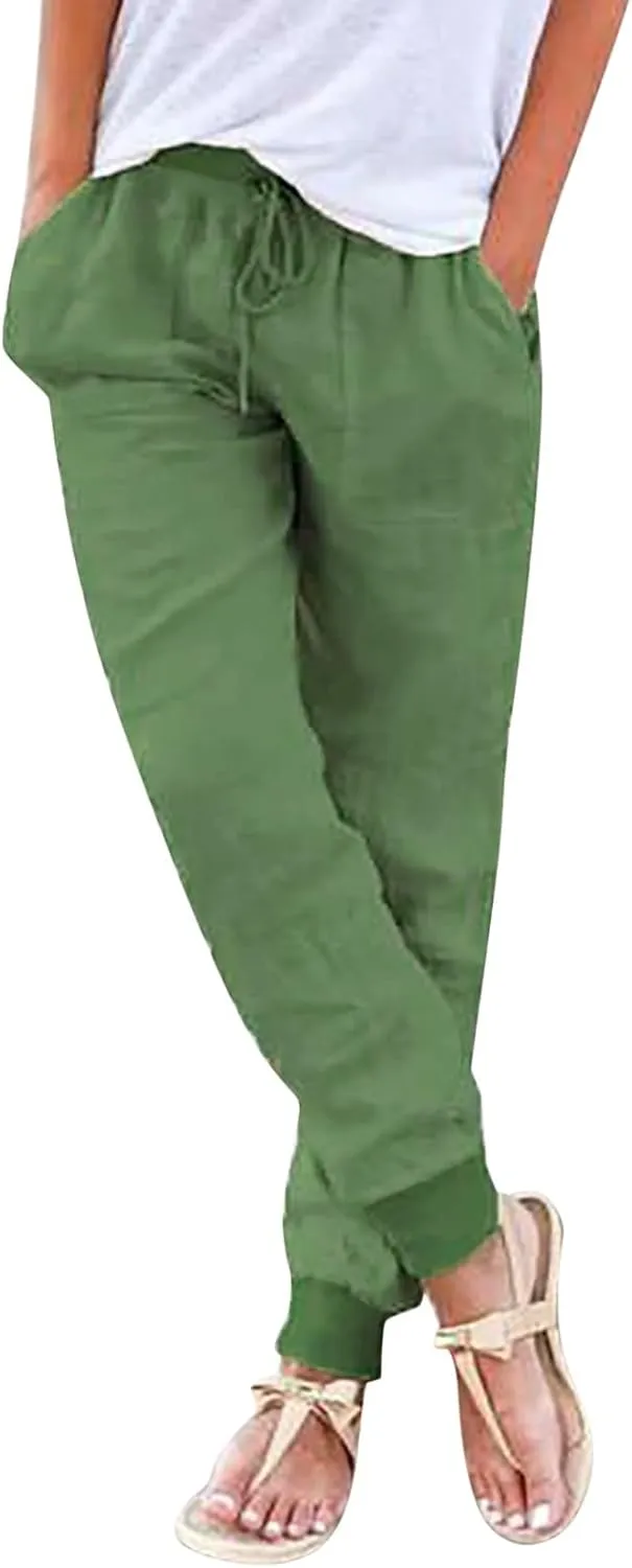Womens Linen Blend Summer Y2K Streetwear Palazzo Lounge Pants Elastic Waisted Long Lounge Slim-Fit Pant