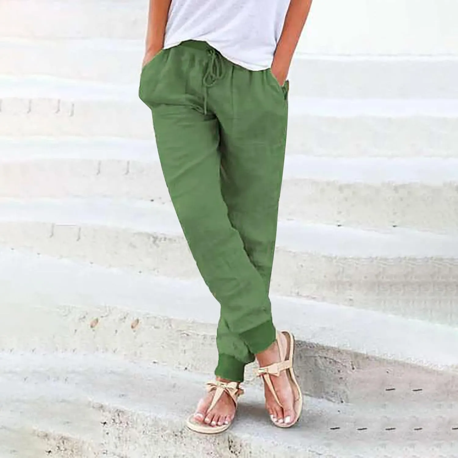 Womens Linen Blend Summer Y2K Streetwear Palazzo Lounge Pants Elastic Waisted Long Lounge Slim-Fit Pant